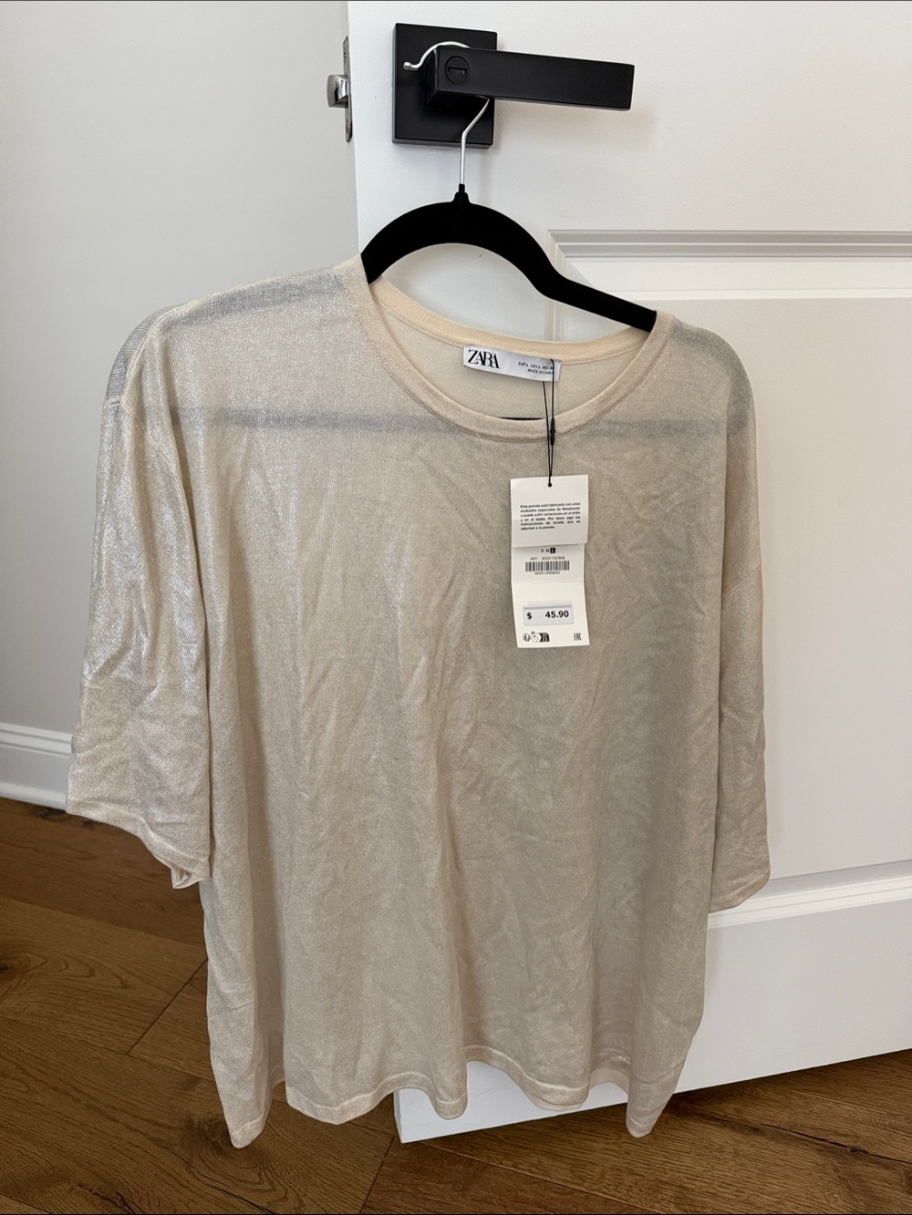 ZARA Metallic Light Beige Crew Neck Short Sleeve Shirt